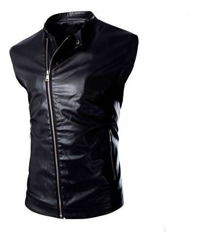 Chaleco De Piel Rockero Cruzado Hombre Motociclista Slim Dc4