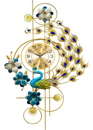 Reloj Analógico De Pared Diseño Pavo Real Decorativo Dorado