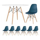 Kit Mesa Jantar Eames Wood 120 Cm 6 Cadeiras Eiffel  Cores Cor Da Tampa Mesa Branco Com Cadeiras Azul Petróleo