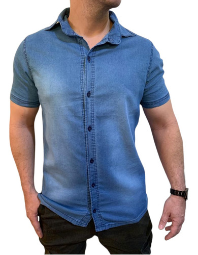 Camisa Jeans Social Masculina Manga Curta Com Botões