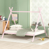 Oudiec House Bed For Kids, Full Size Metal Floor Bed Frame, 