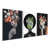 Kit 3 Quadros Decorativo Feminino Surreal Flores Quarto Sala