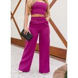 Calça Wide Leg Social Pantalona Flare Conjunto Cropped+cinto