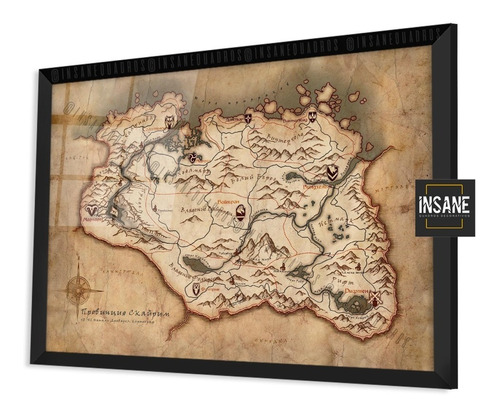 Quadro Poster Mapa Elder Scrolls Skyrim Moldura C/ Vidro A3