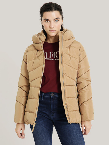 Parka Acolchada Con Gorro Y Cierre Burdeo Tommy Hilfiger