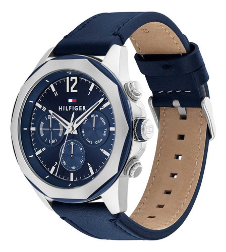 Reloj Tommy Hilfiger Cuero Hombre 1792063 Color Del Fondo Azul Color De La Malla Azul Color Del Bisel Plateado/azul