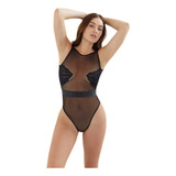 Body Checa Pompavana Microtul Negro Engomado Apliques Noche