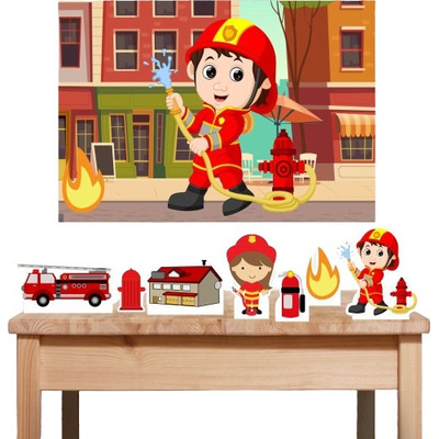 Kit Festa Infantil Bombeiro Com Painel Decorativo E Displays