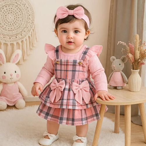 3pcs Vestidos Rosa A Cuadros Para Bebé Niña Con Mamelucos | MercadoLibre