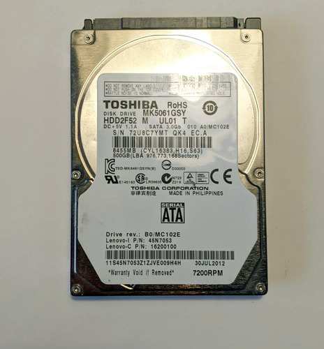 Disco Rigido Toshiba 500gb 2.5  7200rpm Usado