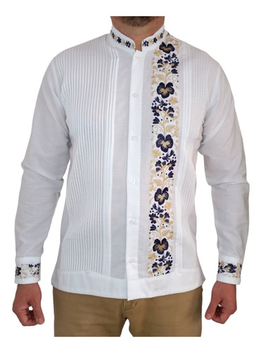 Guayabera Presidencial Tulum Lino Blanco Bordado Combinado