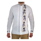 Guayabera Presidencial Tulum Lino Blanco Bordado Combinado