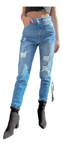 Jeans Mom Fit Azul Con Roturas