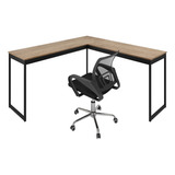 Mesa Em L Escrivaninha + Cadeira Escritório Giratória Set Cor Lamina E Cadeira Preta