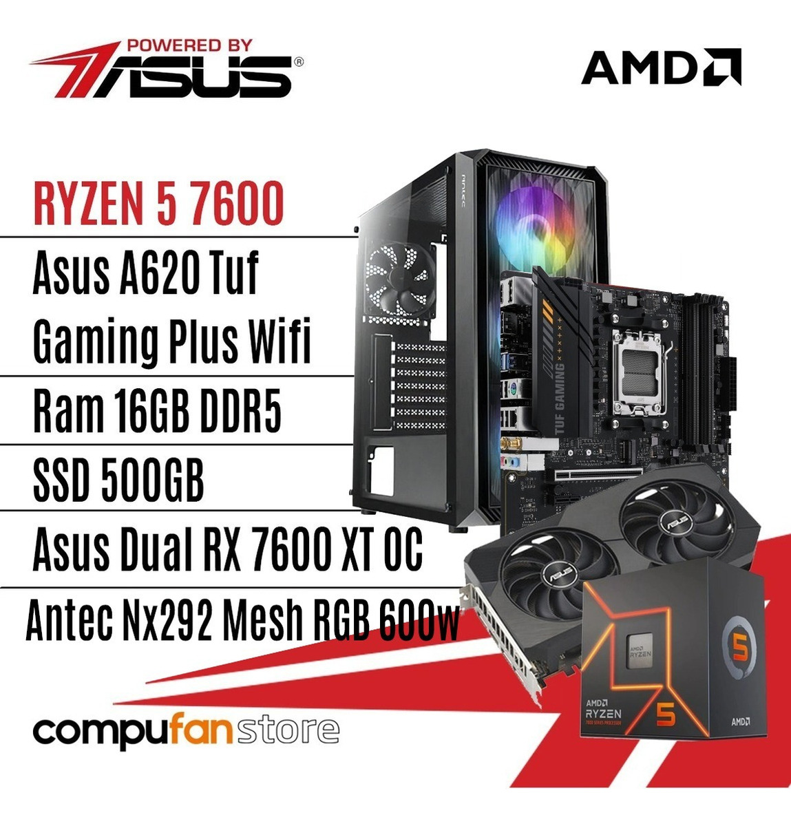 Pc Gamer Powered By Asus Ryzen 5 7600 Rx 7600 16gb Ddr5 500gb Ssd