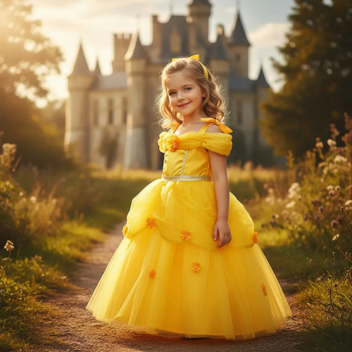Vestido Bella Disfraz Para Niña Princesa Amarilla