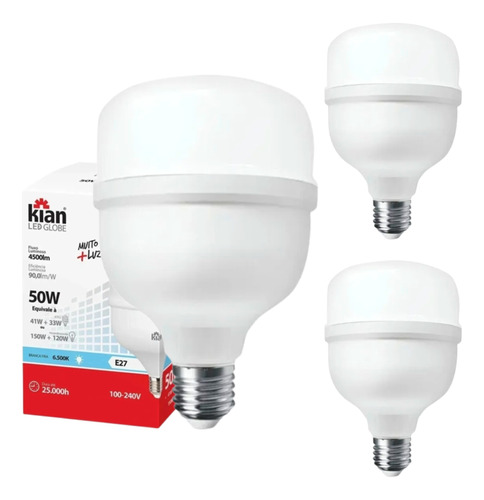 Kit 3 Lâmpadas Led 50w Bulbo E27 6500k Branco Frio Bivolt