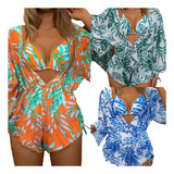 3 Piezas Trajes De Baño For Mujer Con Estampada Bikini+mono