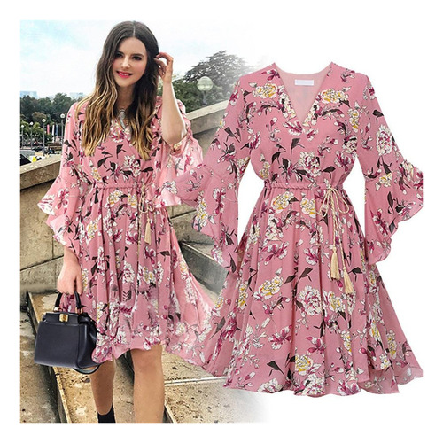 Vestido Casual De Gasa Con Estampado Floral Corto Suelto