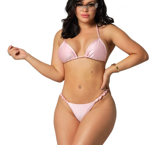 Conjunto Biquini Rosa Sem Bojo Com Calcinha  Frufru Fio  