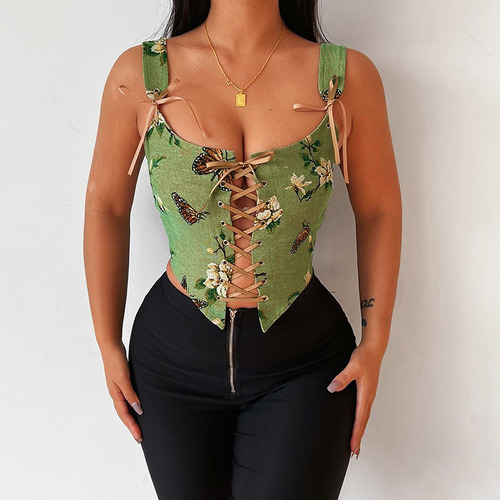W Crop Top Mujer Sexy Retro Jacquard Flores Aesthetic