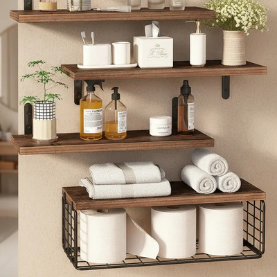 Estante Flotante Madera Natural Marrón 4 Niveles con Cesta 40cm | MercadoLibre