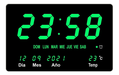 Reloj De Pared De Led Verde Calendario Termometro 32x23cm