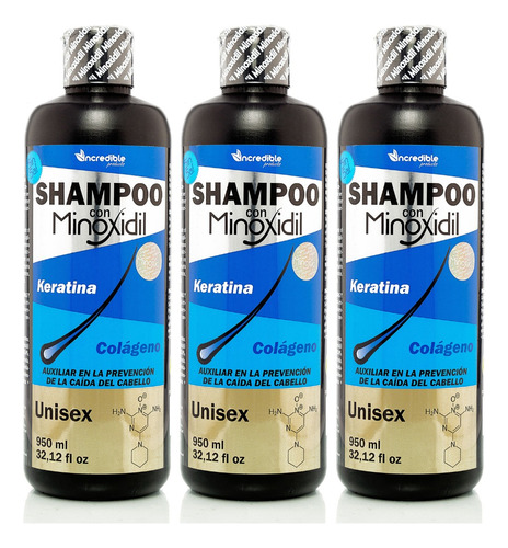 Kit 3 Shampoo Minoxidil Keratina Colageno Sin Sal - 950 Ml