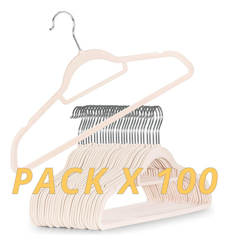 Pack 100 Percha Slim Terciopelo Beige Antideslizante Premium