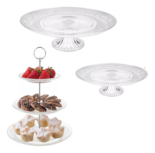 Set Kit Candy Bar Platos Con Pie Torta Rack Exhibidor Vidrio