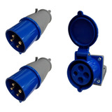 2 Plug + 1 Tomada Sobrepor Industrial 32a 3p+t 220v 6h Azul