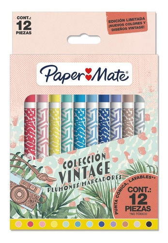 Marcadores Plumon Paper Mate Vintage Punta Conica 12 Colores
