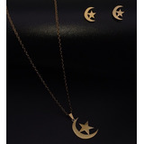 Collar Luna Estrella Aretes Acero Inoxidabl Juego + Estuche 