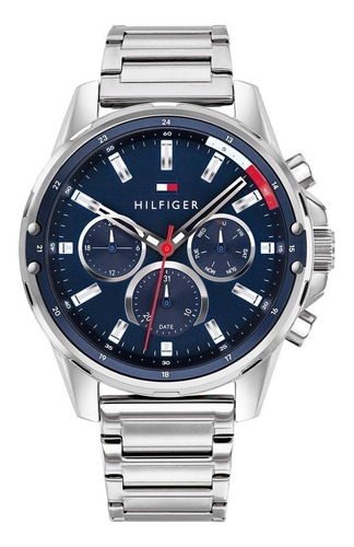 Reloj Pulsera Tommy Hilfiger Mason 1791788 De Cuerpo Color Plateado, Analógico, Para Hombre, Fondo Azul, Con Correa De Acero Inoxidable Color Plateado, Agujas Color Plateado Y Rojo, Dial Plateado, Sub