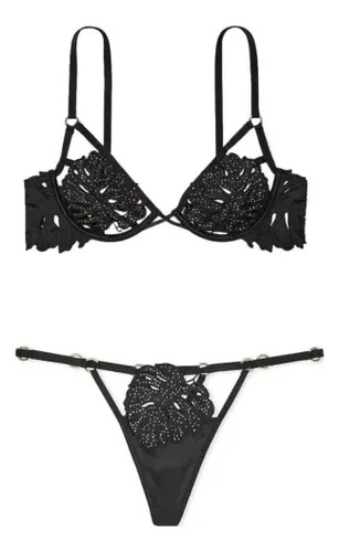 Conjunto Lencería Sexy Negro Hoja Tropical Brillante