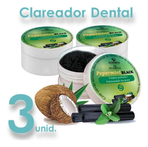 Clareador Dental Carvão Ativado Pepermint Natural Kit C/ 3