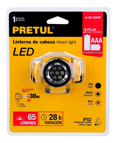 Linterna De Minero, 65 Lúmenes, 7 Led, 3 Pilas Aaa, Pretul Color De La Linterna Amarillo Color De La Luz Blanco