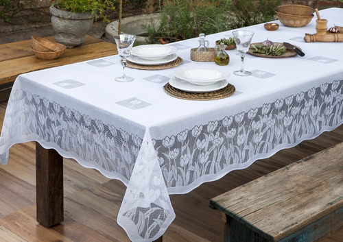 Toalha De Mesa Retangular Renda Tulipa 10 Lugares 1,60x 3,20