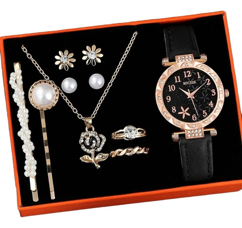 Kit Reloj Negro Rosa Para Mujer + Juego De Collar Aretes 