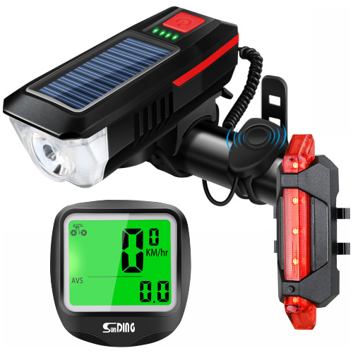 Farol Bike Usb/solar 5 Buzina + Luz Traseira + Sunding 568