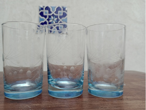 Vaso De Tequila. De Vidrio Antiguos Azules Con Diseños. X 3