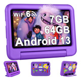 Tablet Kids Con Funda Oangcc A8 7 Pulgadas  Violeta 64gb Y 7gb De Ram Android 13 Control Parental Wifi Gps Kids Space Dual Camara Violeta