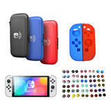 Estuche + Siliconas Joycon + Vidrio + 2 Grips Switch Oled