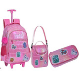 Kit Mochila Rodinha Feminina Escolar Juvenil Pom Pom Brilho