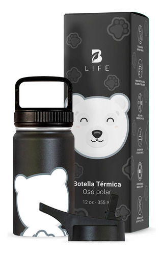 Termo De Agua Para Niños 355 Ml. Con Popote Y Asa. B Life Oso Polar