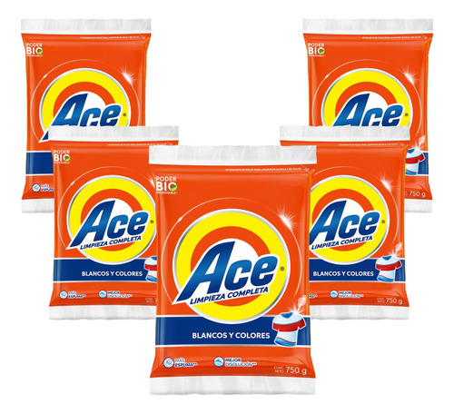 5 Pack Ace Detergente En Polvo Ropa 750 Grs