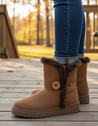 Bota Con Peluche Para Mujer Rojo Cereza 7018, Color Camel D7