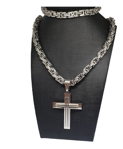Crucifixo Grande +cordão +pulseira Bizantinos Aço Inox Prata