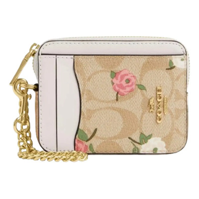 Mini Muñequera Coach Zip Card Case Monedero Color Flores Diseño De La Tela Floreado