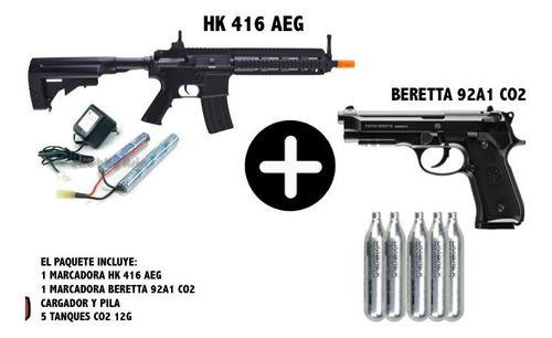 Paquete Marcadora +5 Tanques Hk 416 Aeg - Beretta 92a1 Co2